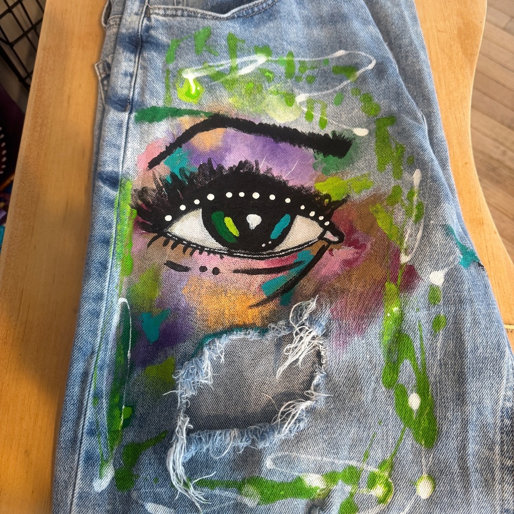 Streetwear custom painted 90s Wide Leg Jeans sz 13- 31 - Picture 3 of 8